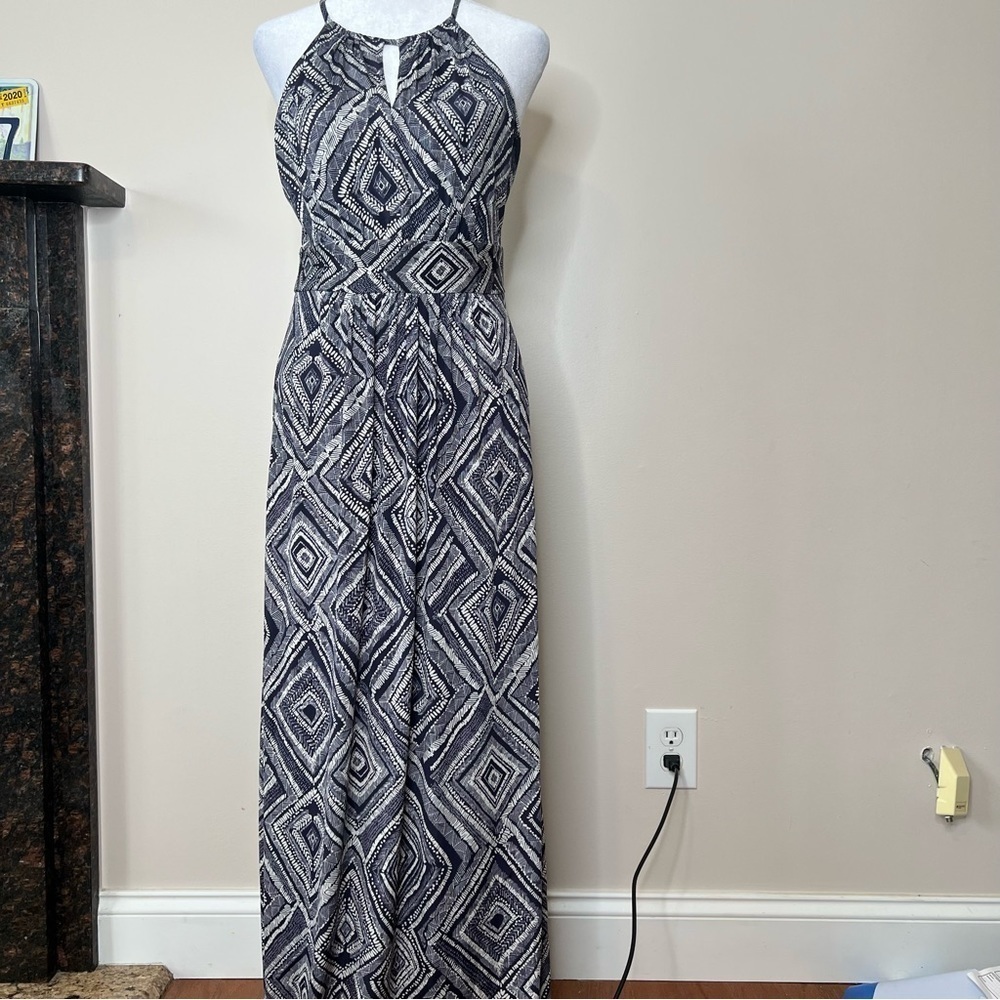 ! Ann Taylor LOFT Women's Navy Blue Ivory Geometric Maxi Long Dress